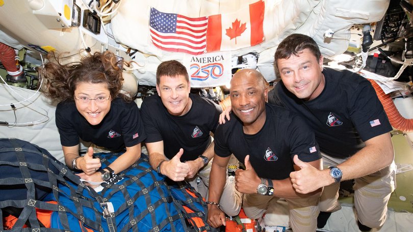 The Artemis II crew (from left) Mission Specialist Christina Koch, Mission Specialist Jeremy Hansen, Pilot Victor Glover, and Commander Reid Wiseman.