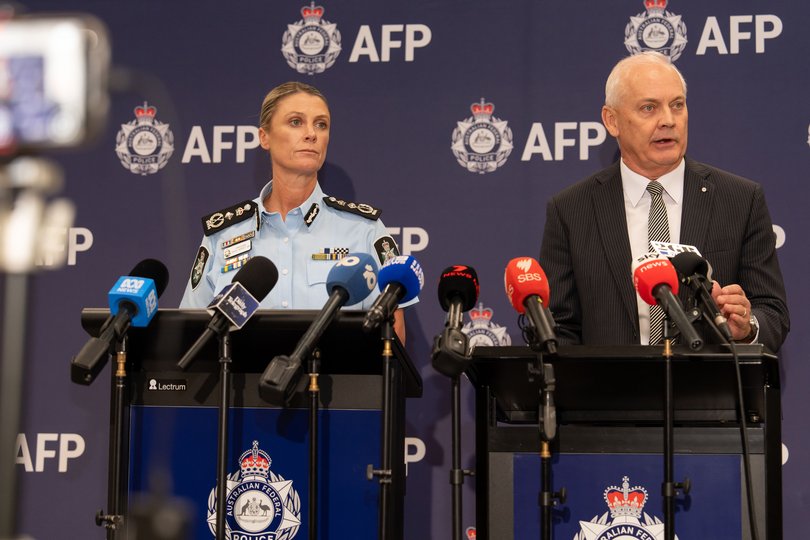 Australian Federal Police Commissioner Krissy Barrett and OSI Director Investigations Ross Barnett speak to media during a press conference following the arrest of Ben Roberts-Smith.