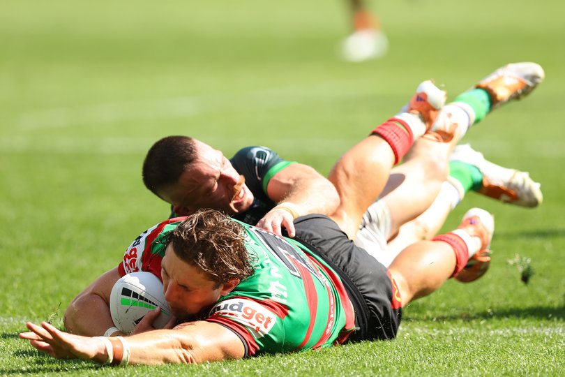 PERTH, AUSTRALIA - APRIL 11: Jamie Humphreys of the Rabbitohs crosses for a try during the round six NRL match between South Sydney Rabbitohs and Canberra Raiders at Optus Stadium, on April 11, 2026, in Perth, Australia. (Photo by Paul Kane/Getty Images)