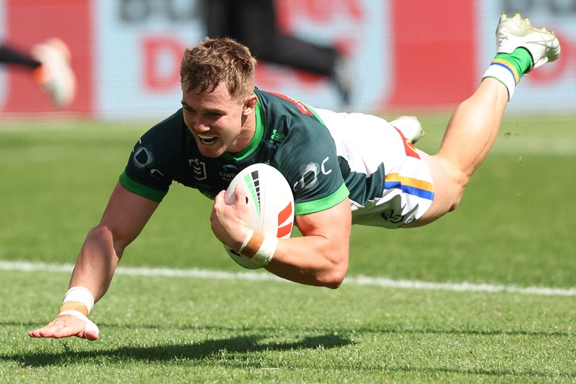 PERTH, AUSTRALIA - APRIL 11: Hudson Young of the Raiders crosses for a try during the round six NRL match between South Sydney Rabbitohs and Canberra Raiders at Optus Stadium, on April 11, 2026, in Perth, Australia. (Photo by Paul Kane/Getty Images)