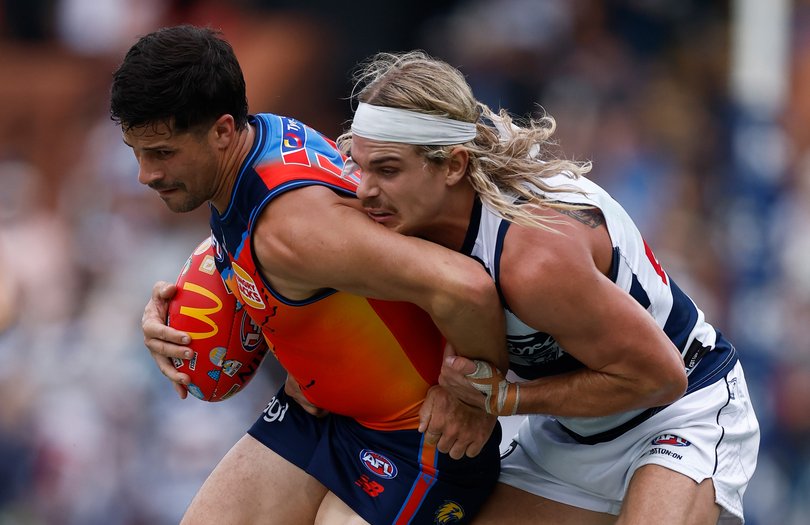 Liam Duggan is tackled by Bailey Smith.