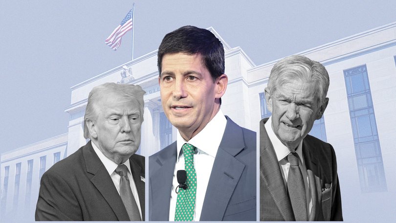 Donald Trump, Kevin Warsh and Jerome Powell.