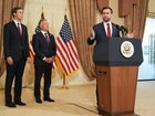 JD Vance speaks as Jared Kushner and Steve Witkoff, Special Envoy for Peace Missions, listen during a news conference.