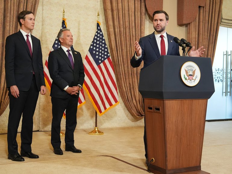 JD Vance speaks as Jared Kushner and Steve Witkoff, Special Envoy for Peace Missions, listen during a news conference.