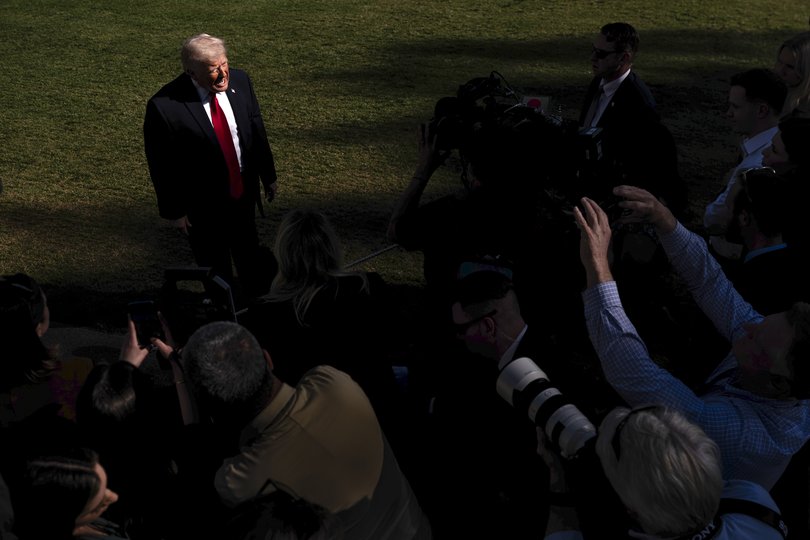 President Donald Trump speaks to reporters before boarding Marine One on the South Lawn of the White House in Washington, ahead of a trip to Miami, April 11, 2026. Vice President JD Vance led the highest-level talks between the United States and Iran in nearly 50 years. (Nathan Howard/The New York Times)