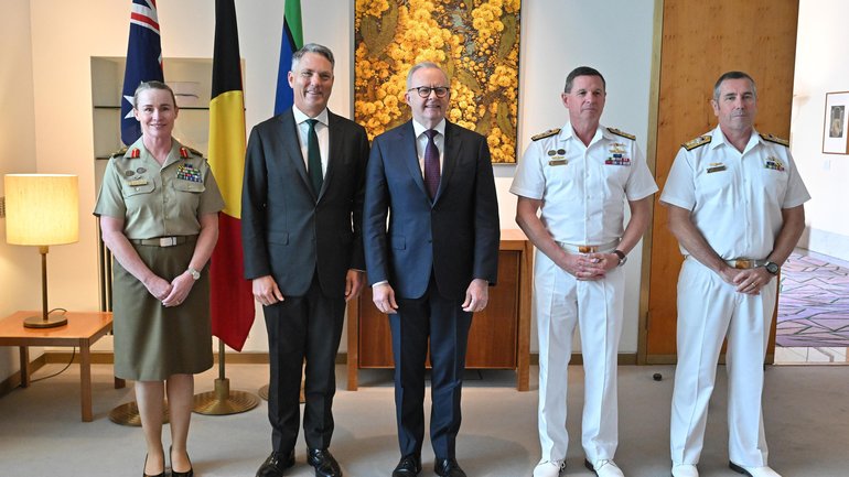 Newly appointed Chief of Army Lieutenant General Susan Coyle, Richard Marles, Anthony Albanese, newly appointed Chief of the Defence Force (CDF) Vice Admiral Mark Hammond and newly appointed Chief of Navy Rear Admiral Matthew Buckley at Parliament House in Canberra.