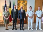  Newly appointed Chief of Army Lieutenant General Susan Coyle, Richard Marles, Anthony Albanese, newly appointed Chief of the Defence Force (CDF) Vice Admiral Mark Hammond and newly appointed Chief of Navy Rear Admiral Matthew Buckley at Parliament House in Canberra.