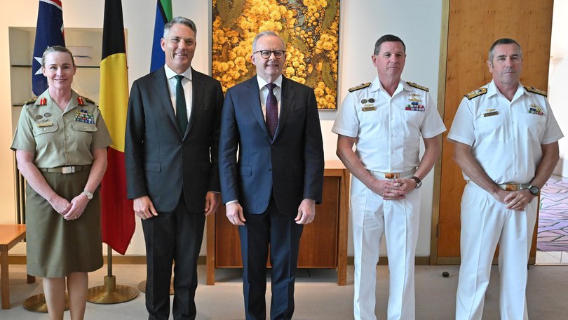 (L-R) Newly appointed Chief of Army Lieutenant General Susan Coyle, Deputy Prime Minister Richard Marles, Prime Minister Anthony Albanese, newly appointed Chief of the Defence Force (CDF) Vice Admiral Mark Hammond and newly appointed Chief of Navy Rear Admiral Matthew Buckley.
