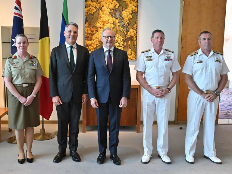 (L-R) Newly appointed Chief of Army Lieutenant General Susan Coyle, Deputy Prime Minister Richard Marles, Prime Minister Anthony Albanese, newly appointed Chief of the Defence Force (CDF) Vice Admiral Mark Hammond and newly appointed Chief of Navy Rear Admiral Matthew Buckley.