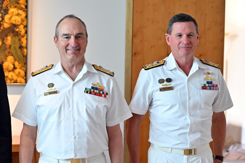 Former Chief of the Defence Force Admiral David Johnston and newly appointed Chief of the Defence Force (CDF) Vice Admiral Mark Hammond.