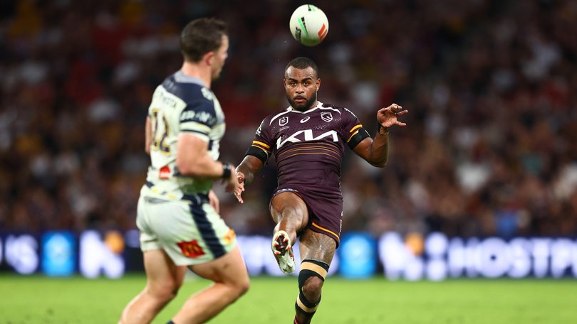 BRISBANE, AUSTRALIA - APRIL 10: Ezra Mam of the Broncos kicks the ball during the round six NRL match between the Brisbane Broncos and North Queensland Cowboys at Suncorp Stadium on April 10, 2026 in Brisbane, Australia. (Photo by Chris Hyde/Getty Images)