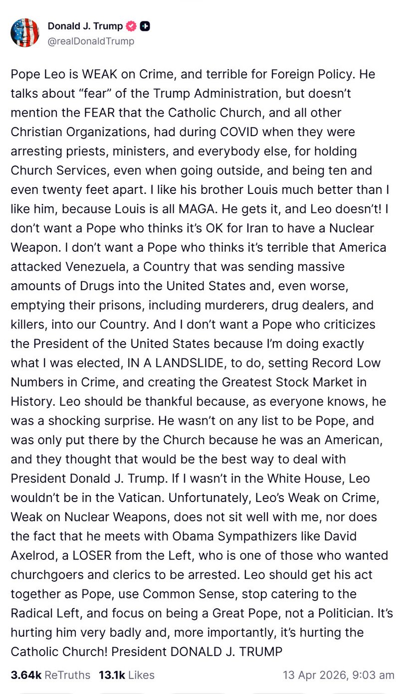 US President Donald Trump latest post about the Pope