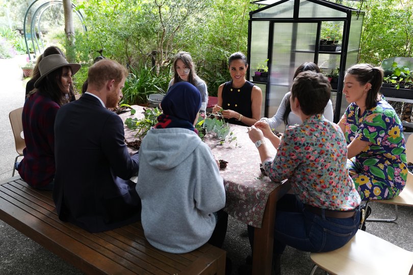 Meghan and Harry take part in a therapy session in the Kelpie garden with adolescent patients and staff at the Royal Children's Hospital on April 14, 2026 in Melbourne.