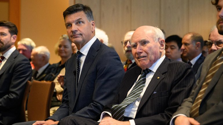 Leader of the Opposition Angus Taylor (left) and former prime minister John Howard attend the Menzies Research Centre in Sydney, Tuesday, April 14, 2026. (AAP Image/Dan Himbrechts) NO ARCHIVING DAN HIMBRECHTS