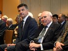 Leader of the Opposition Angus Taylor (left) and former prime minister John Howard attend the Menzies Research Centre in Sydney, Tuesday, April 14, 2026. (AAP Image/Dan Himbrechts) NO ARCHIVING DAN HIMBRECHTS
