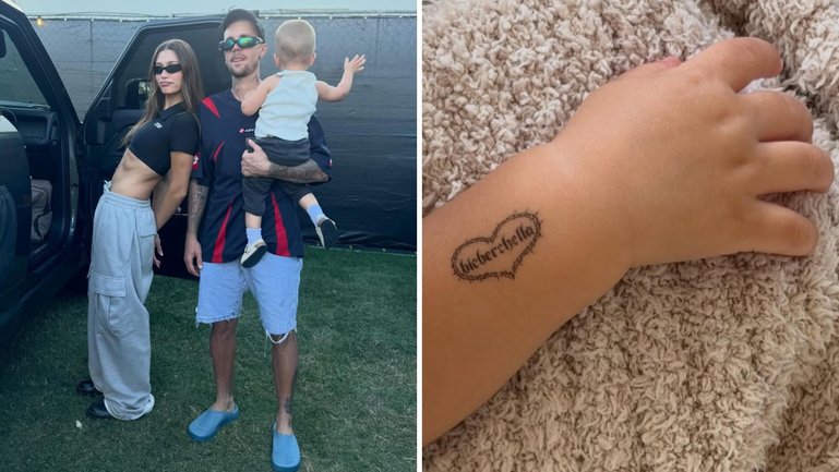 Hailey and Justin Bieber’s young son Jack Blues got a tattoo in support of his dad’s nostalgic Coachella performance at the weekend.