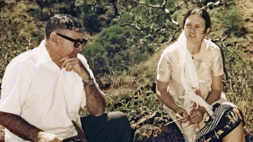 Mining magnate Lang Hancock and daughter Gina Rinehart at the Rhodes Ridge iron ore deposit site in Western Australia during the early 1980s. Picture: Supplied/Hancock Prospecting