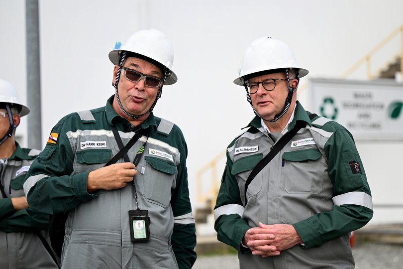 Brunei Fertilizer Industries (BFI) CEO Dr Harri Kiiski (left), and Australian Prime Minister Anthony Albanese during a visit to the BFI plant facilities on Wednesday, April 15, 2026.