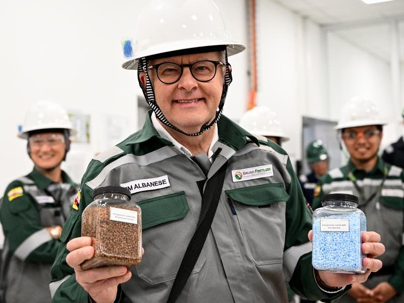 Anthony Albanese visited a fertiliser plant before meeting Brunei's Sultan Haji Hassanal Bolkiah.