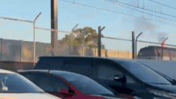 A freight train carriage caught fire.