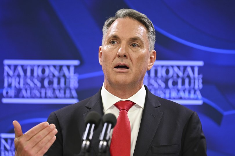 CANBERRA, Australia, NewsWire Photos. April 16, 2026: Deputy Prime Minister and Minister for Defence Richard Marles addresses the National Press Club of Australia in Barton. Delivering his address, "A Historic Commitment to Sovereign Capability," Minister Marles launched the 2026 National Defence Strategy and the Integrated Investment Program. He announced a record peacetime defense spending increase of $14 billion over the next four years, aimed at addressing the most complex strategic circumstances since WWII and securing Australia's ability to resist coercion. Picture: NewsWire / Martin Ollman.