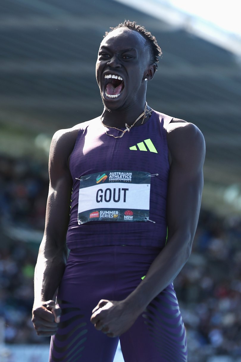 Gout Gout of Queensland celebrates breaking the World Junior Record and Australian Record and a PB to win the Men's 200m final.