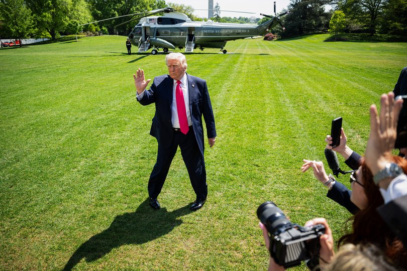 US President Donald Trump on the South Lawn of the White House before boarding Marine One in Washington, DC, US, on Thursday, April 16, 2026. 