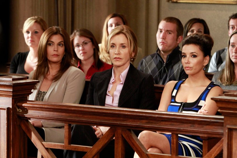 Susan (Teri Hatcher), Lynette (Felicity Huffman) and Gabi (Eva Longoria) await a verdict in Bree's murder trial in the penultimate episode of Desperate Housewives.