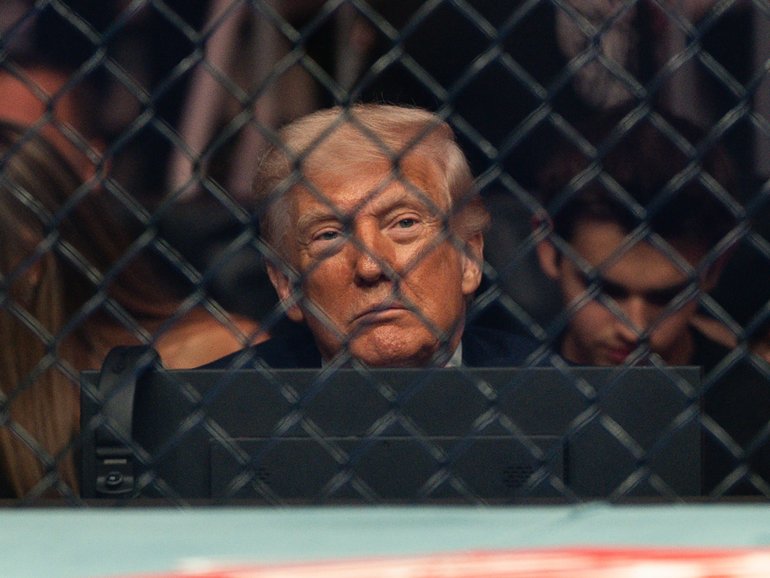 President Donald Trump sits ringside at the UFC 327 fight in Miami.