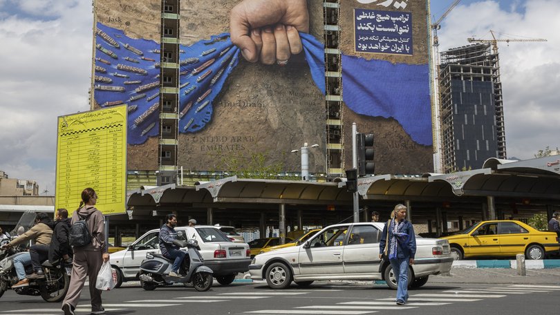 A mural depicting the Straight of Hormuz in Tehran, April 13, 2026. As the United States imposes a blockade of Iranian ports, pressure is mounting on Beijing to push Tehran to accept terms that will end the war and the global energy crisis. 