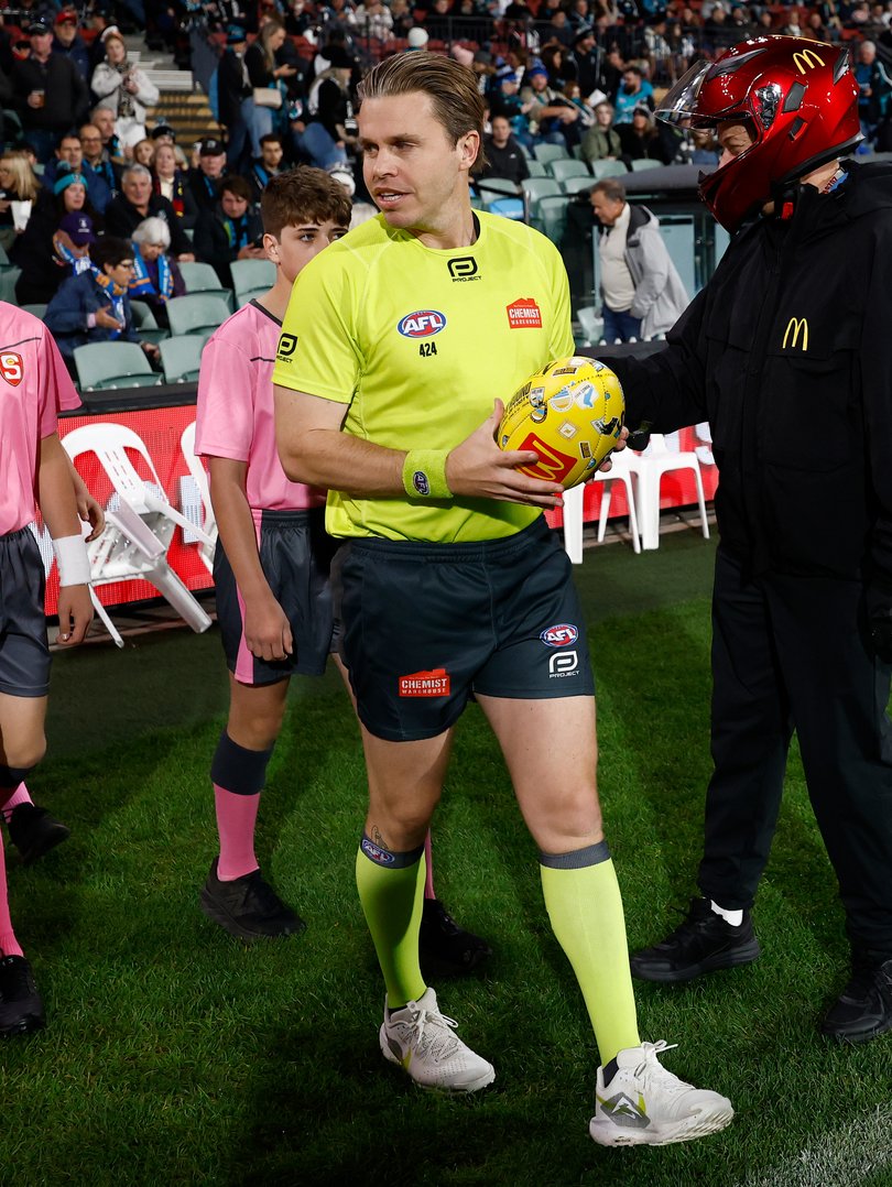 Nick Foot, AFL Field Umpire is seen during the 2026 AFL Round 05 match between the Port Adelaide Power and the St Kilda