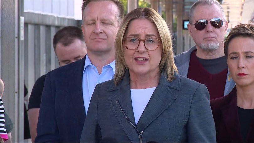 Victoria Premier Jacinta Allan speaking to the media at Sunbury train station following her extended free public transport announcement.  