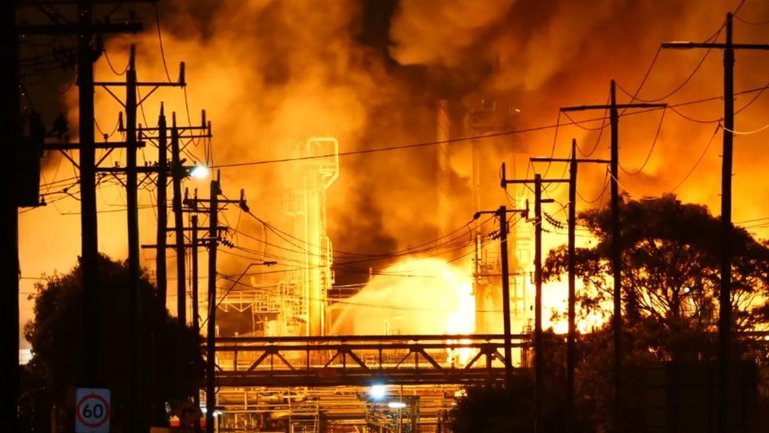 A blaze tore through the oil refinery in Corio, Geelong. Geelong TV for news.com.au