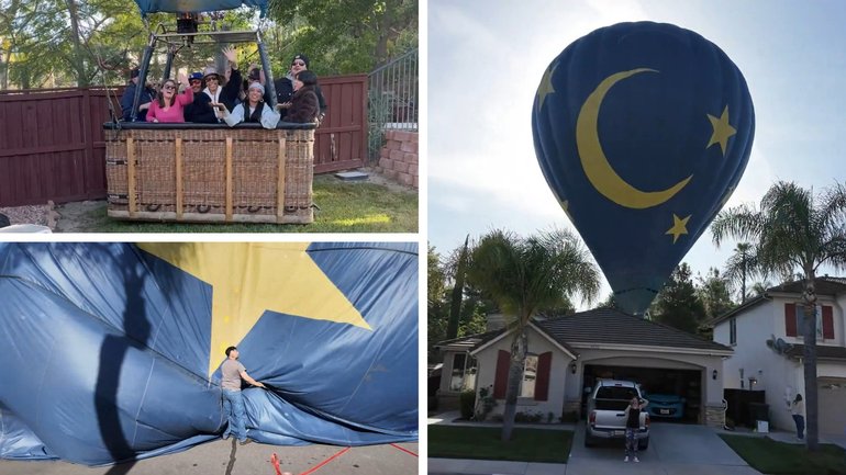 A hot air balloon with 13 passengers has unexpectedly landed in Hunter Perrin's backyard.