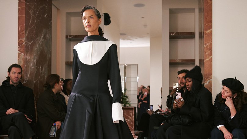 A model presents a look at the Emilia Wickstead fall 2026 fashion show in London in February 2026.