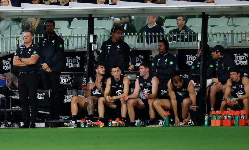 Elijah Hollands of the Blues (right) is seen on the bench.