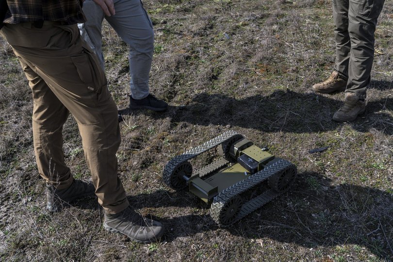 The testing of a robot at an expo in Kyiv, Ukraine, where Ukrainian drone manufacturers demonstrated their wares to the military.
