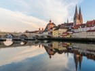 View of the Stone Bridge, St. Peter's Church and the Old Town of Regensburg, Germany.