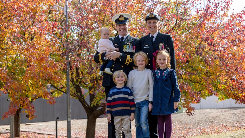  Lieutenant Commander Timothy Craig and wife Lieutenant Commander Brittany Craig and their children Hadley, 8 months, Harlan, 4, Hunter, 9 and Harper, 6 will celebrate Anzac Day together.