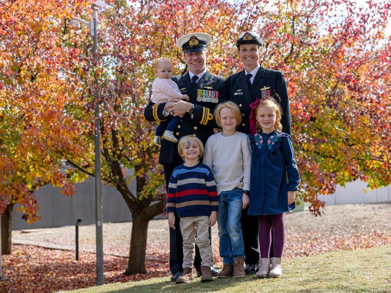  Lieutenant Commander Timothy Craig and wife Lieutenant Commander Brittany Craig and their children Hadley, 8 months, Harlan, 4, Hunter, 9 and Harper, 6 will celebrate Anzac Day together.