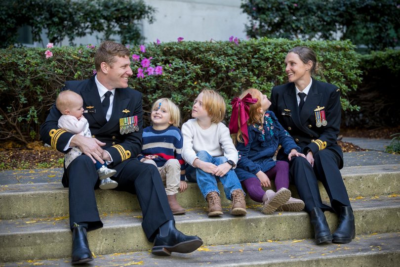 Navy family Lieutenant Commander Timothy Craig and wife Lieutenant Commander Brittany Craig with their children Hadley, 8 months, Harlan, 4, Hunter, 9 and Harper, 6.