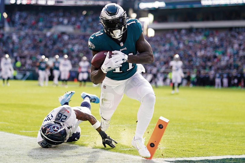 Philadelphia Eagles' A.J. Brown scores a touchdown.