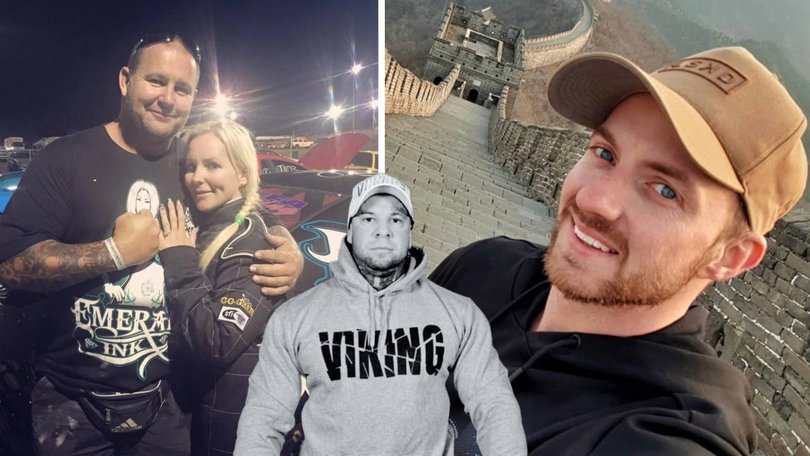 Former Rebels bikie boss Nick Martin, left, pictured with his wife Amanda, was assassinated at Perth Motorplex in December 2020. Benjamin Luke Johnston, right, can now be revealed as the man who pulled the trigger at the order of Nick Pye (centre).