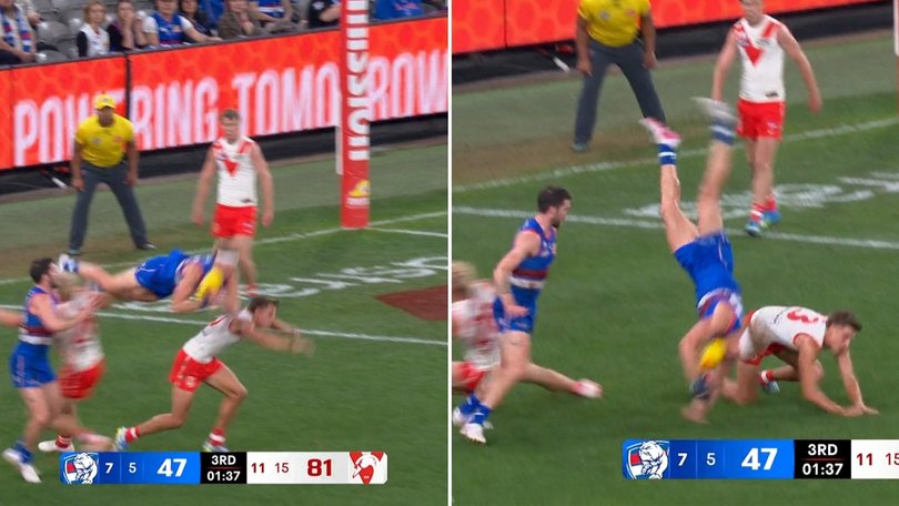 Aaron Naughton went down horribly after flying for the mark.