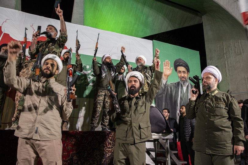 Cleric members of the Revolutionary Guard attend a pro-government demonstration in Enghelab Square in Tehran, Iran on Wednesday, April 22, 2026. The killing of Ayatollah Ali Khamenei has ushered in a new form of collective leadership, with more power for the generals of the Revolutionary Guard. (Arash Khamooshi/The New York Times)