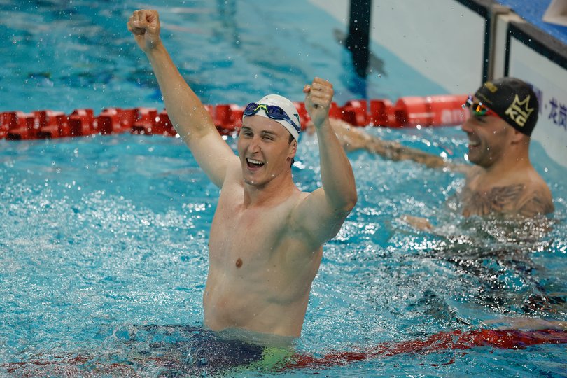 Cameron McEvoy of Australia celebrates after winning the gold medal in the Men's 50m Freestyle Final during day two of the China Open Swimming Championship