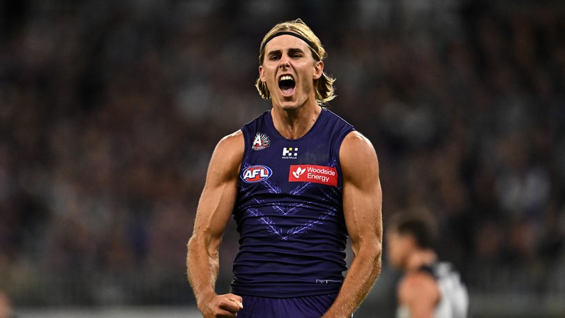 Jeremy Sharp of the Dockers celebrates a goal.