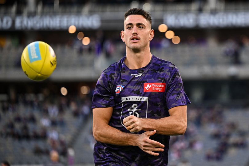 PERTH, AUSTRALIA - APRIL 25: Patrick Voss of the Dockers warms up during the 2026 AFL Round 07 match between the Fremantle Dockers and the Carlton Blues at Optus Stadium on April 25, 2026 in Perth, Australia. (Photo by Daniel Carson/AFL Photos via Getty Images)