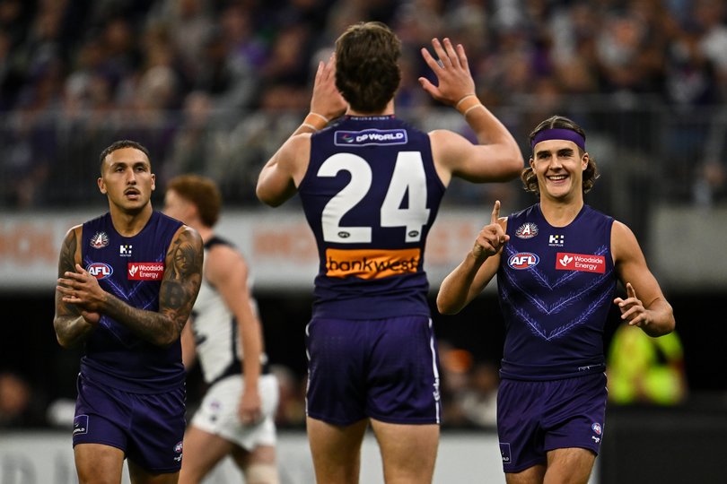 Murphy Reid and Jye Amiss of the Dockers celebrates a goal.