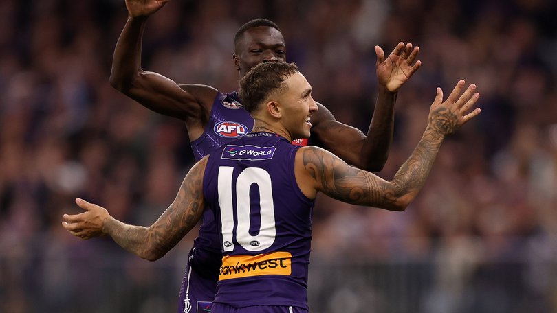 Shai Bolton of the Dockers celebrates a goal.